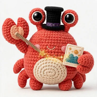 Snap the crab dressed as a magician, waving a star-tipped wand at the photo in his claw as its mountain scene transforms into a castle
