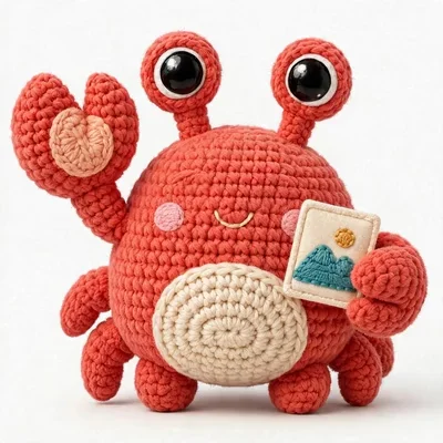 Snap, the crochet crab mascot of crabcrop, waving one claw and holding a photo