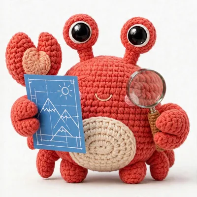 Snap the crochet crab scanning a photo print with a magnifying glass while neat boxes draw themselves around the mountain, the sun, and the bird in the scene