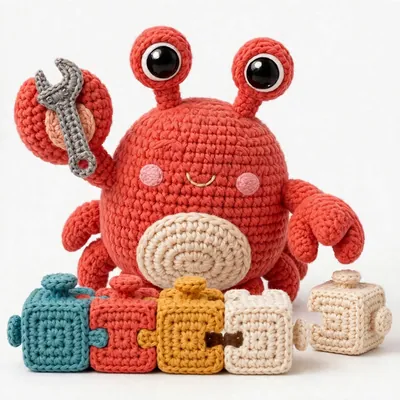 Snap the crochet crab at a small workbench, clicking chunky colored blocks into a row and tightening the last block with a wrench