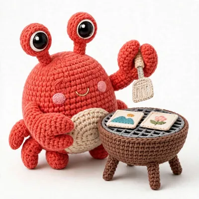 Snap the crochet crab at a small barbecue grill, flipping photo prints like patties with a spatula