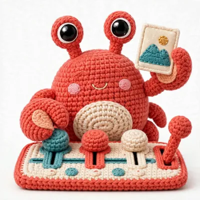 Snap the crochet crab pushing big sliders and a lever on a friendly control panel while the photo print in its claw grows larger and more vivid
