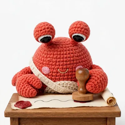 Snap the crochet crab wearing a notary sash, stamping a coral-red wax seal onto a paper scroll