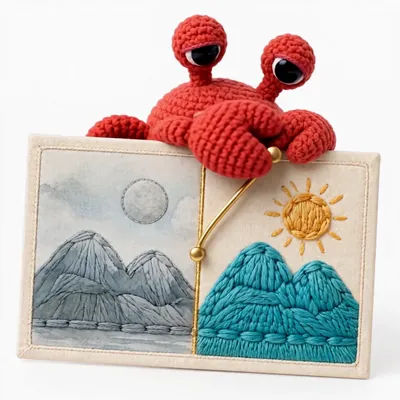 Snap the crochet crab sliding a glowing divider across a big photo print, dull and faded on one side, bright and vivid on the other